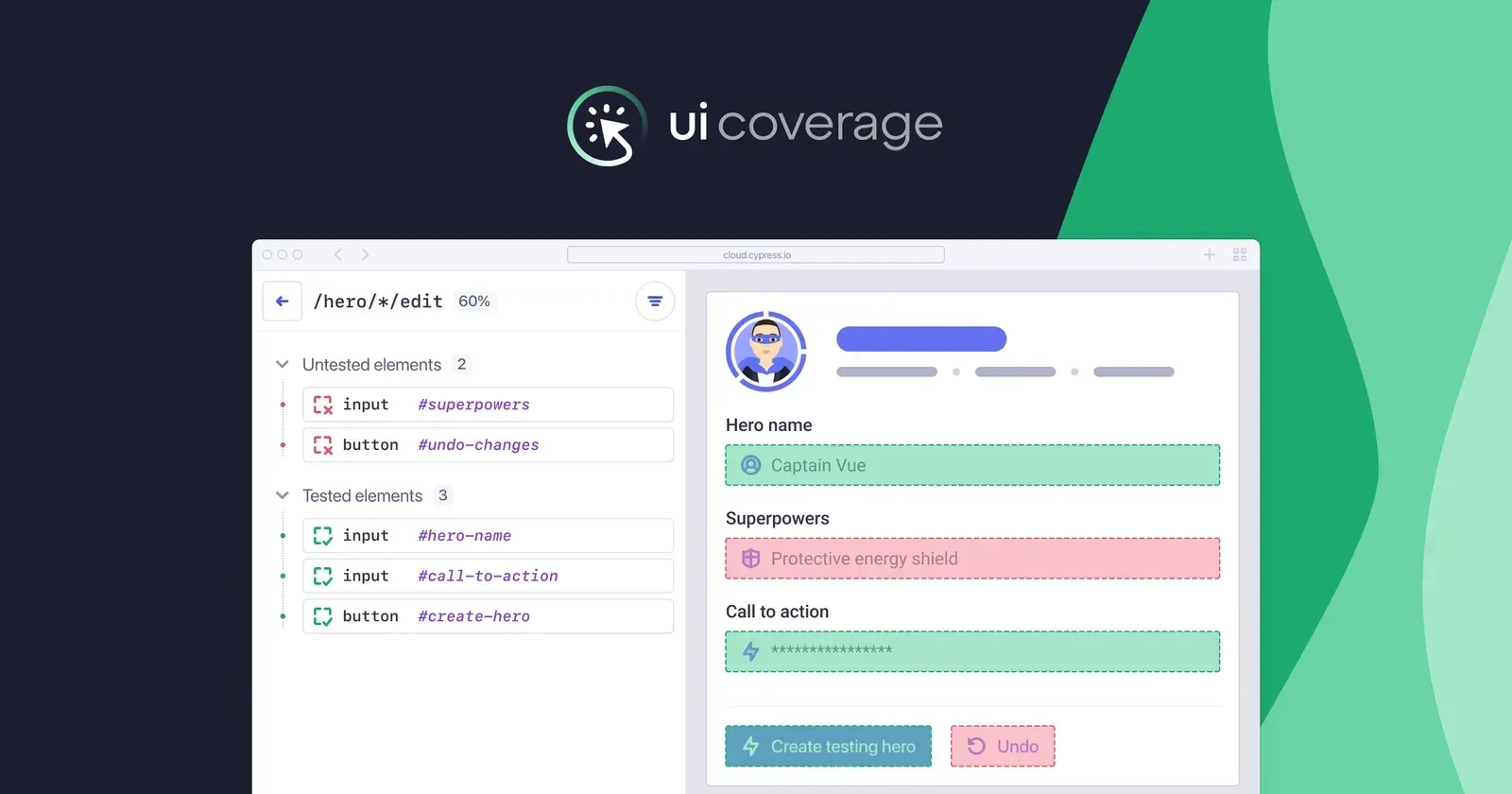 UI Coverage, stylized interface showing tested and untested elements on the left in a list, and red/green highlights on DOM nodes on the right