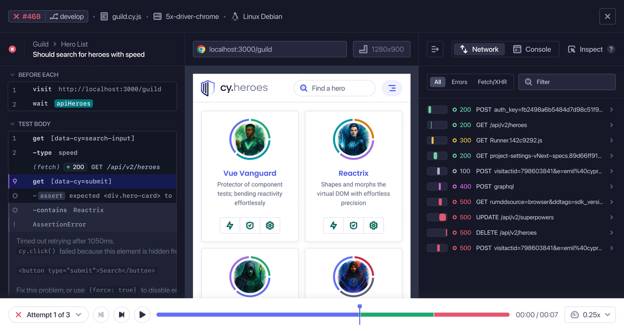 Debugging a test via Test Replay with network request visibility.